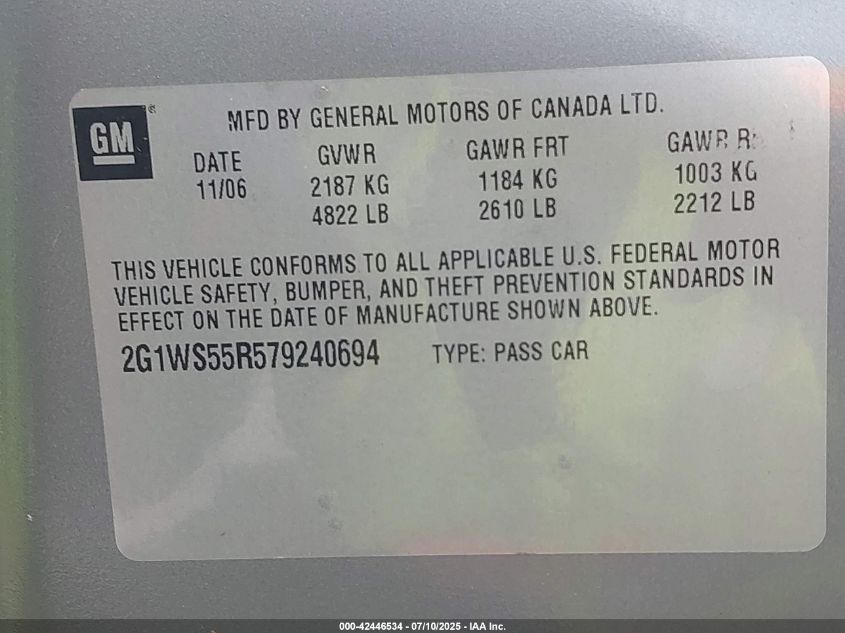 2007 Chevrolet Impala Police VIN: 2G1WS55R579240694 Lot: 42446534