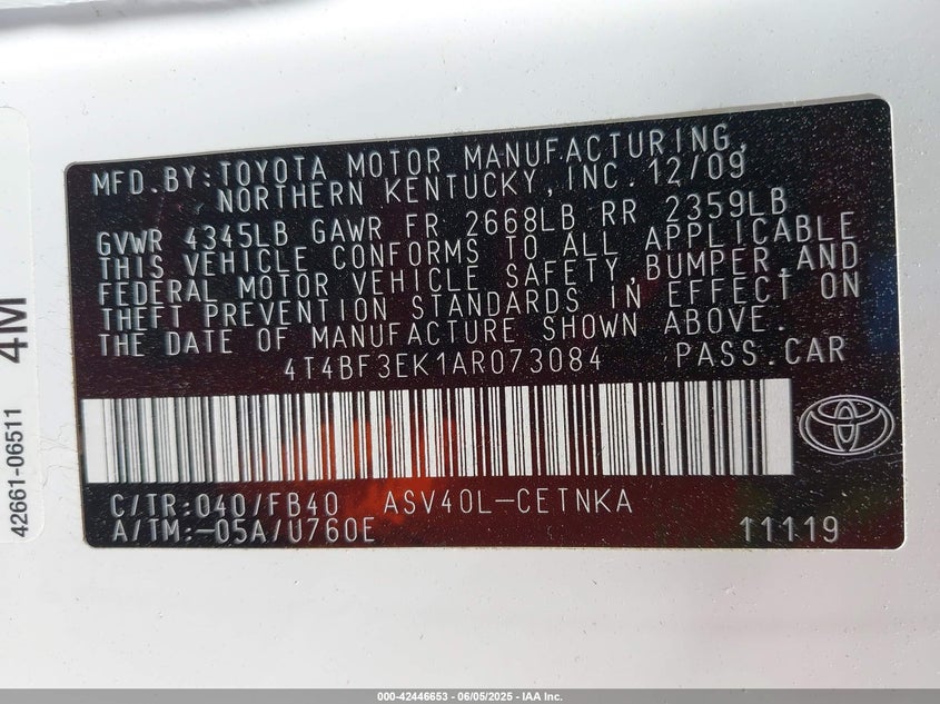 2010 TOYOTA CAMRY VIN: 4T4BF3EK1AR073084