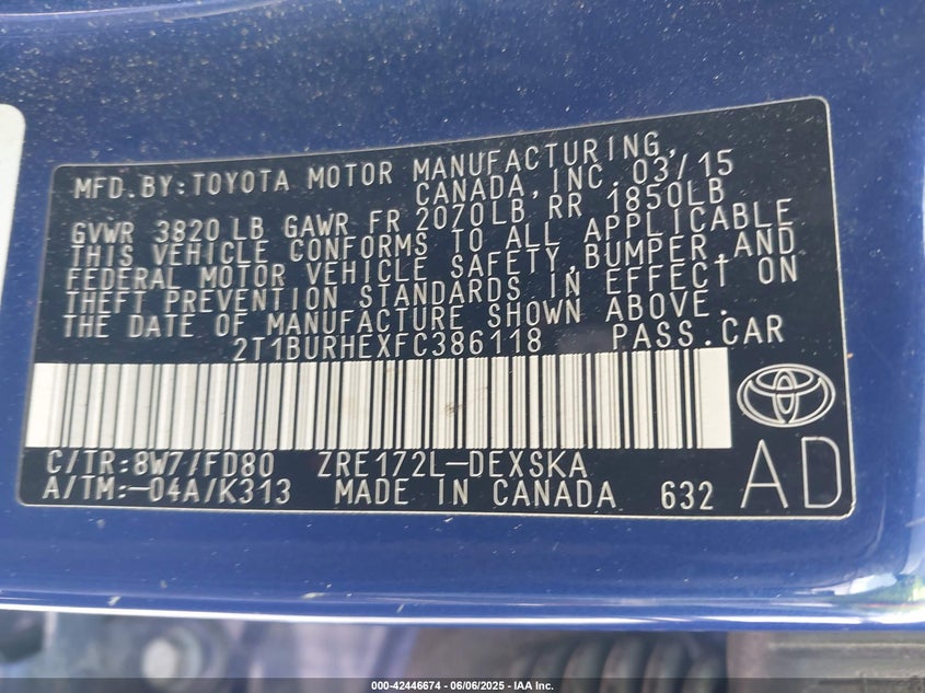 2015 Toyota Corolla VIN: 2C1BURHEXFC386118 Lot: 42446674