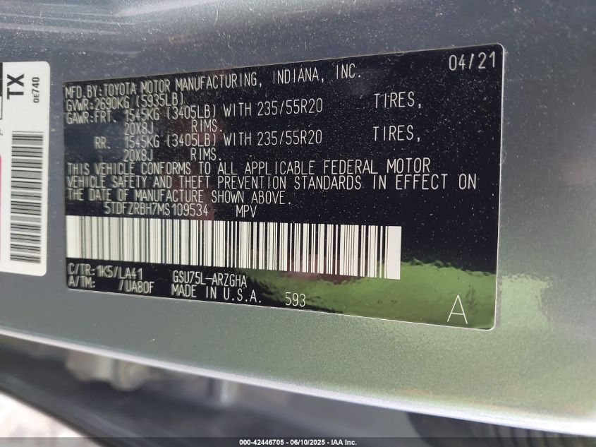 2021 Toyota Highlander - 5TDFZRBH7MS109534