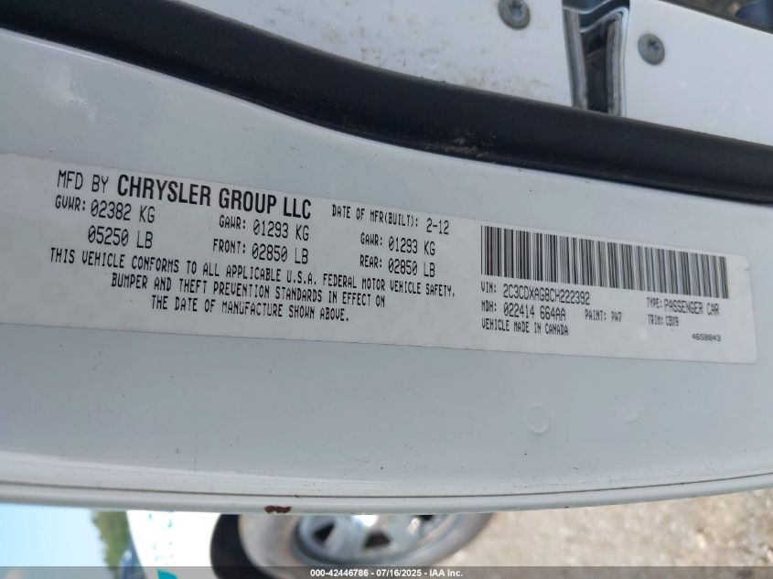 2012 Dodge Charger Police VIN: 2C3CDXAG8CH222392 Lot: 42446786