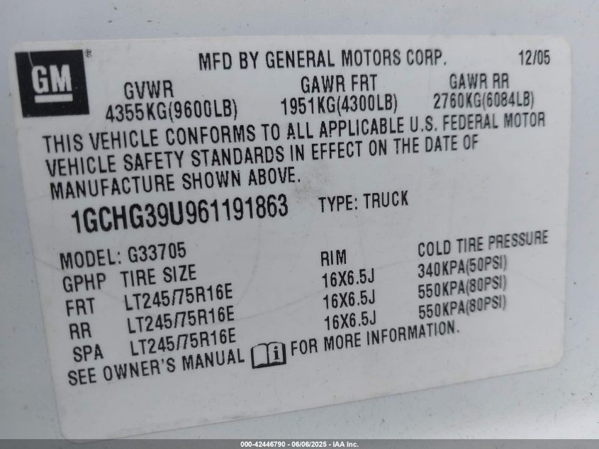 2006 Chevrolet Express Work Van VIN: 1GCHG39U961191863 Lot: 42446790