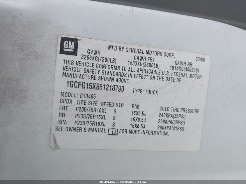 2006 Chevrolet Express Work Van VIN: 1GCFG15X861218790 Lot: 42446876