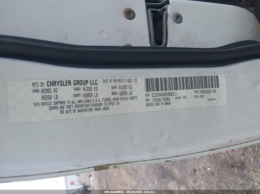 2013 Dodge Charger VIN: 2C3DCXAG0DH568311 Lot: 42446882