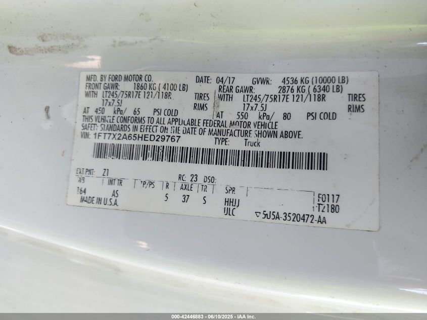 2017 Ford F-250 Xl VIN: 1FT7X2A65HED29767 Lot: 42446883
