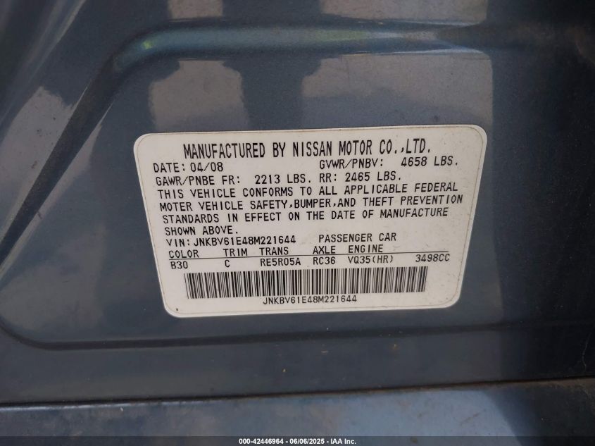 2008 Infiniti G35 VIN: 1NKBV61E48M221644 Lot: 42446964