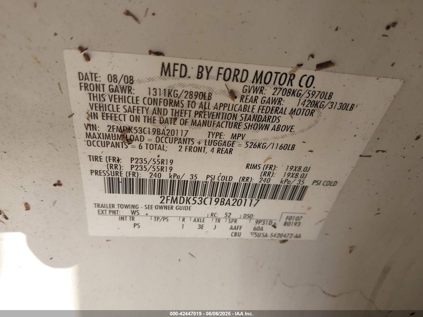 2009 FORD FLEX VIN: 2FMDK53C19BA20117