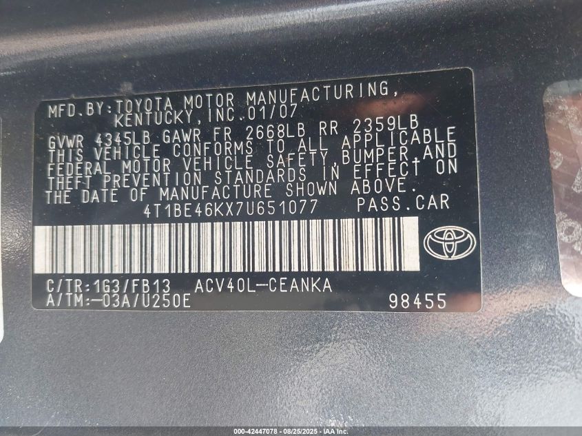 2007 Toyota Camry Ce/Le/Se/Xle VIN: 4T1BE46K874651077 Lot: 42447078