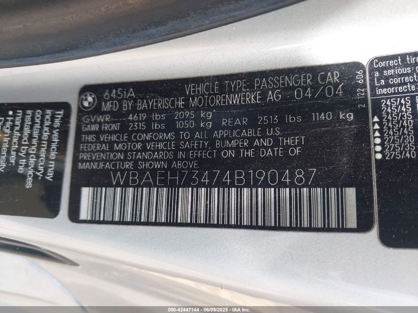 2004 BMW 645Ci VIN: WBAEH73474B190487 Lot: 42447144