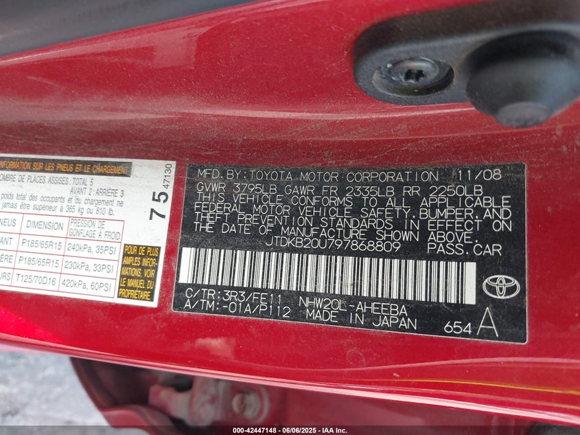 2009 TOYOTA PRIUS VIN: JTDKB20U797868809