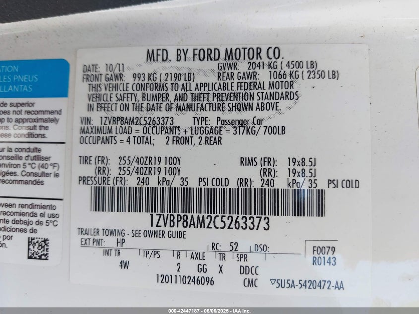 2012 FORD MUSTANG VIN: 1ZVBP8AM2C5263373