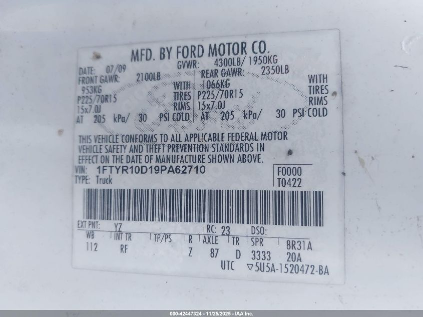 2009 Ford Ranger Sport/Xl/Xlt VIN: 1FTYR10D19PA62710 Lot: 42447324