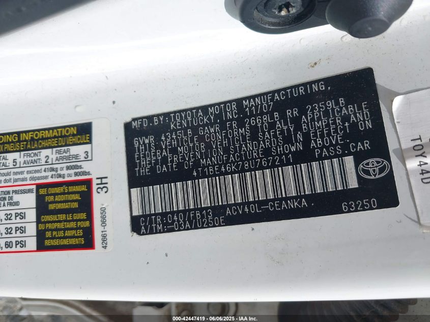 2008 Toyota Camry Le VIN: 4T1BE46K48U767201 Lot: 42447419