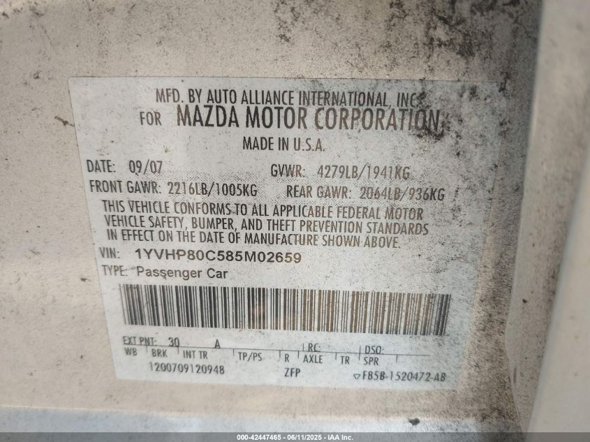 2008 Mazda Mazda6 I Sport Ve VIN: 1YVHP80C585M02659 Lot: 42447465