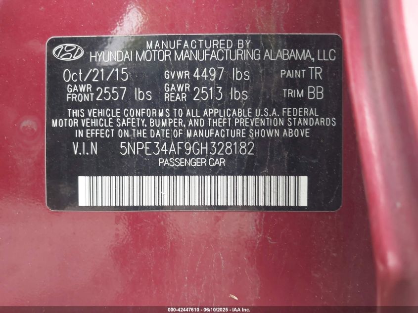 2016 Hyundai Sonata Sport VIN: 5NPE34AF9GH328182 Lot: 42447610