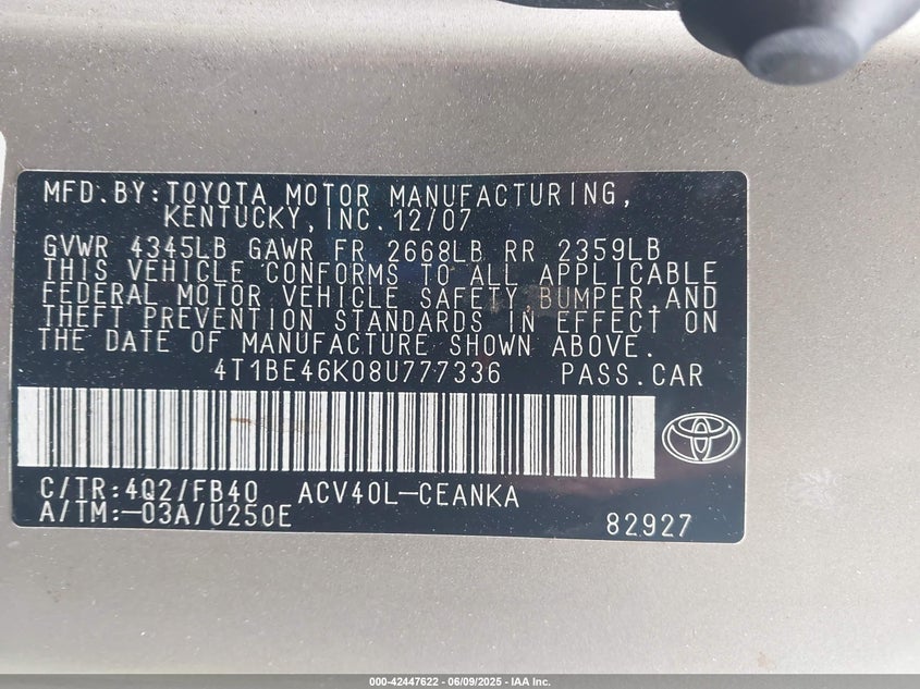 2008 TOYOTA CAMRY VIN: 4T1BE46K08U777336