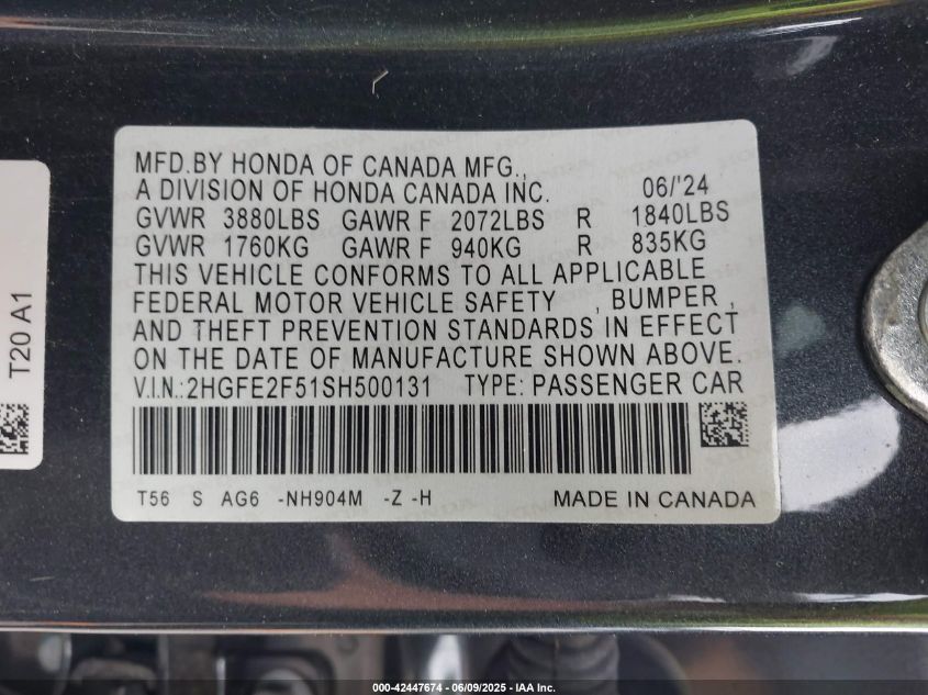 2025 Honda Civic Sport VIN: 2HGFE2F51SH500131 Lot: 42447674