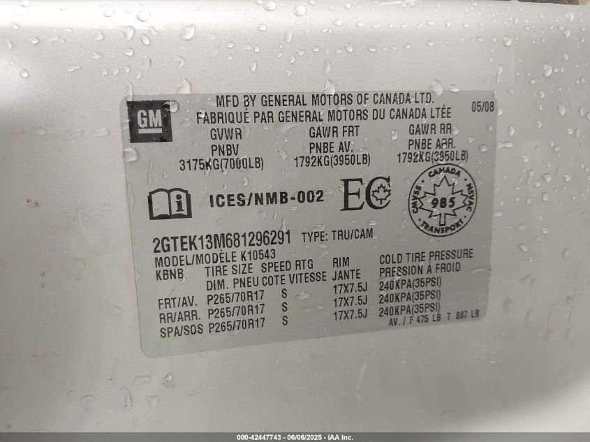 2008 GMC Sierra 1500 VIN: 2GTEK13M681296291 Lot: 42447743