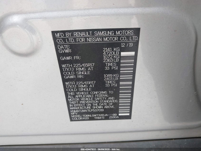 2020 Nissan Rogue Sv Intelligent Awd VIN: KNMAT2MV7LP537019 Lot: 42447933