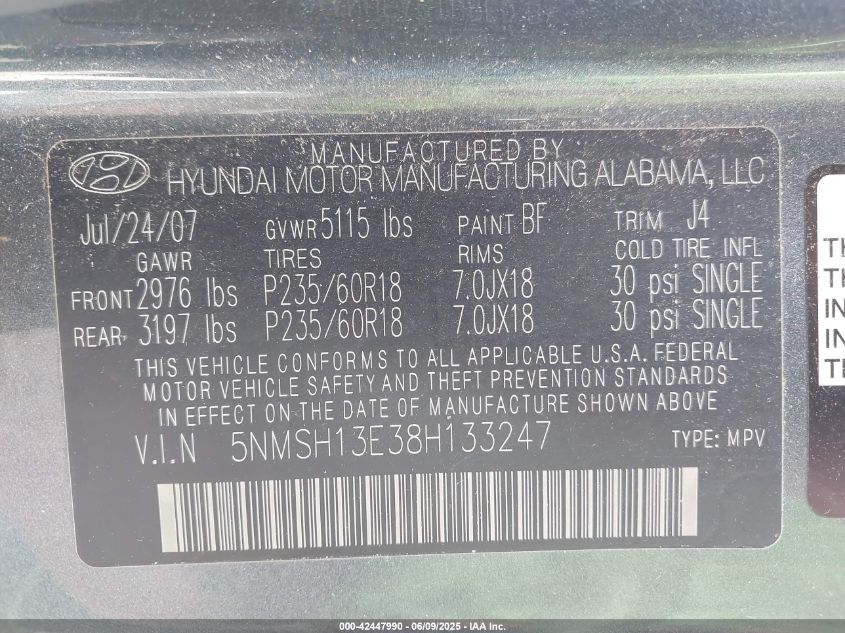 2008 Hyundai Santa Fe Limited/Se VIN: 5NMSH13E38H133247 Lot: 42447990