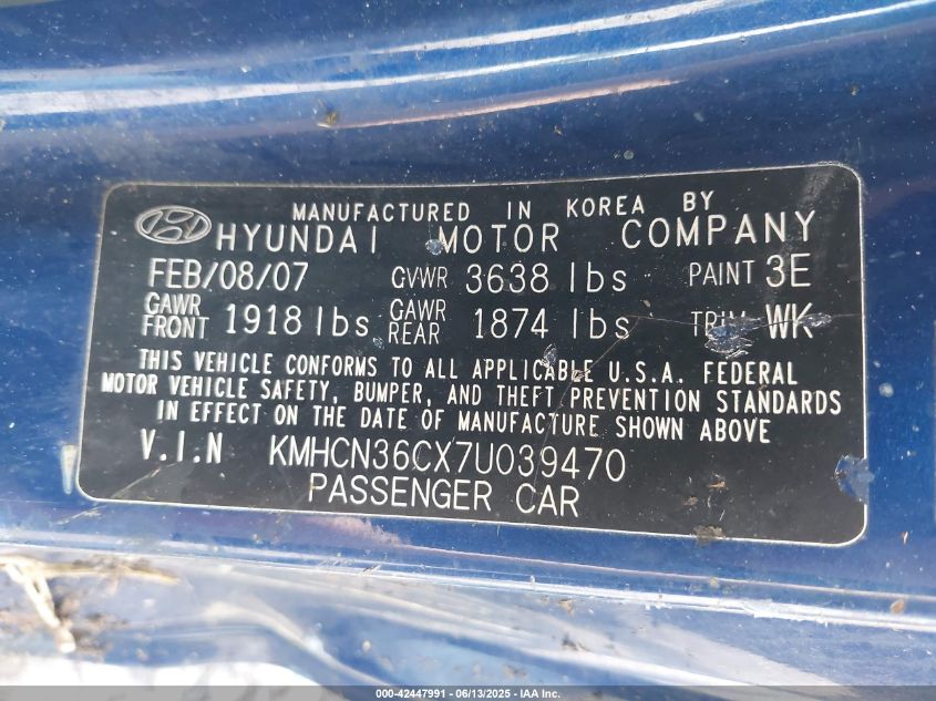 2007 Hyundai Accent Se VIN: KMHCN36CX7U039470 Lot: 42447991
