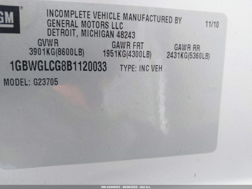 2011 Chevrolet Express 2500 Upfitter VIN: 1GBWGLCG8B1120033 Lot: 42448303