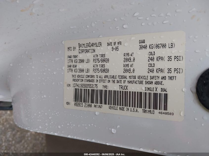 2006 Dodge Ram 1500 Slt/Trx4 Off Road/Sport VIN: 1D7HU18266S553175 Lot: 42448392