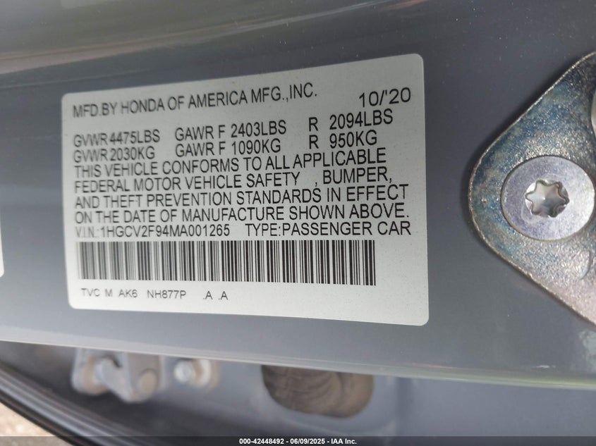 2021 HONDA ACCORD VIN: 1HGCV2F94MA001265