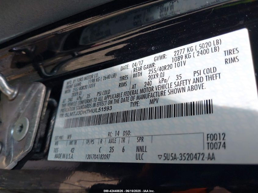 2017 Lincoln Mkc Reserve VIN: 5LMTJ3DH7HUL51593 Lot: 42448826