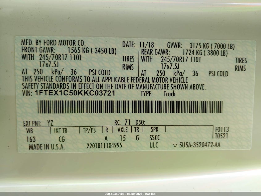 VIN 1FTEX1C50KKC03721 2019 FORD F-150 XL
