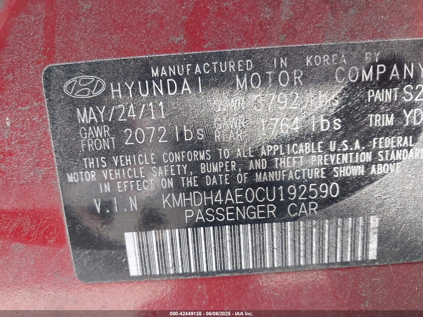 2012 HYUNDAI ELANTRA VIN: KMHDH4AE0CU192590