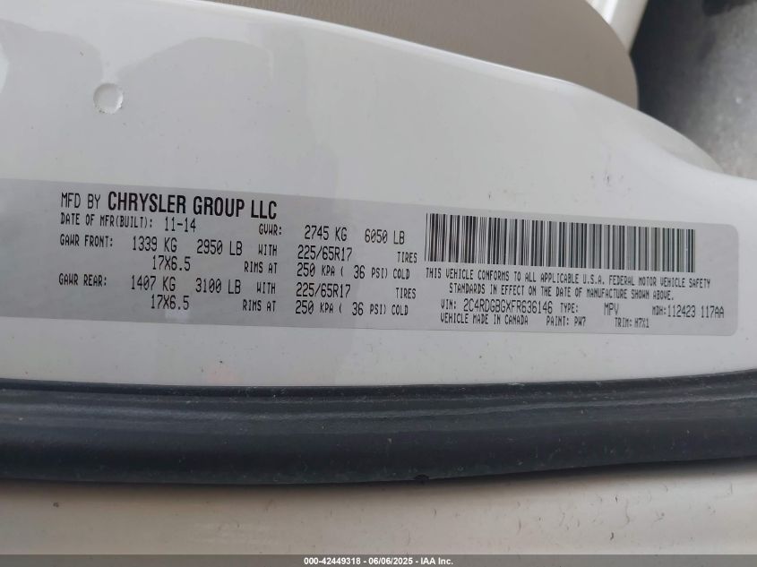 2015 Dodge Grand Caravan Se VIN: 2C4RDGBGXFR636146 Lot: 42449318