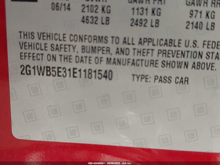 2014 CHEVROLET IMPALA LIMITED VIN: 2G1WB5E31E1181540