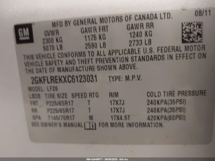 2012 GMC Terrain Sle-1 VIN: 2GKFLREKXC6123031 Lot: 42449577