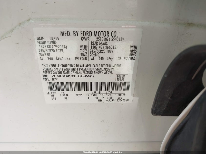 2015 FORD EDGE VIN: 2FMPK4K91FBB95587