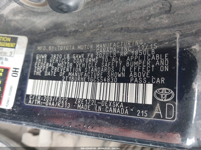 2016 TOYOTA COROLLA VIN: 2T1BURHE1GC554830