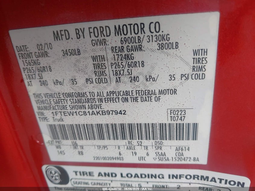 2010 FORD F-150 VIN: 1FTEW1C81AKB97942
