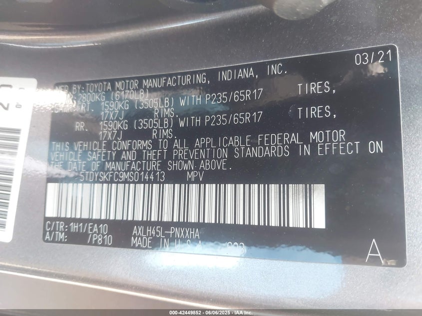 VIN 5TDYSKFC9MS014413 2021 TOYOTA SIENNA XLE