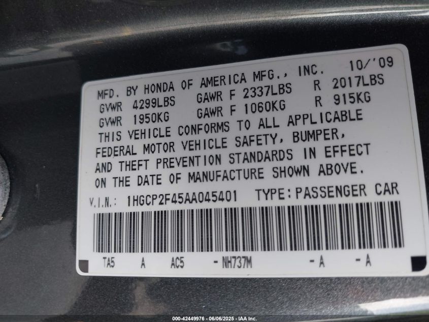 2010 Honda Accord 2.4 Lx-P VIN: 1HGCP2F45AA045401 Lot: 42449976