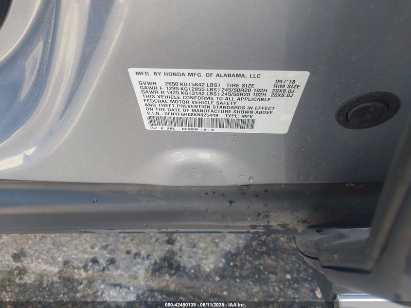 VIN 5FNYF6H08KB025449 2019 HONDA PILOT ELITE
