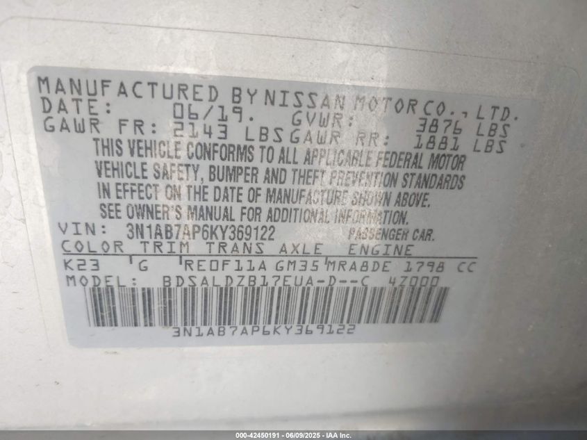 2019 Nissan Sentra Sv VIN: 3N1AB7AP6KY369122 Lot: 42450191