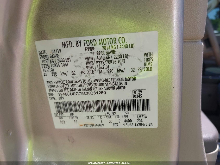 2012 FORD ESCAPE VIN: 1FMCU0C75CKC81260