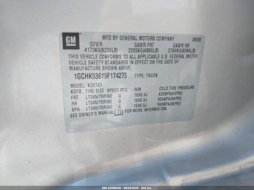 2009 Chevrolet Silverado 2500Hd Lt VIN: 1GCHK53619F174275 Lot: 42450440