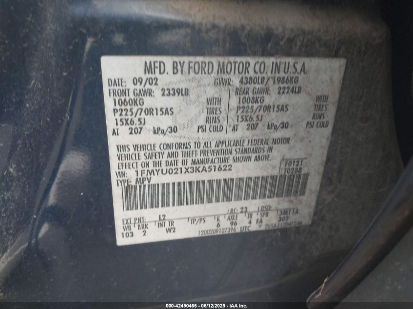 2003 Ford Escape Xls VIN: 1FMYU021X3KA51622 Lot: 42450466