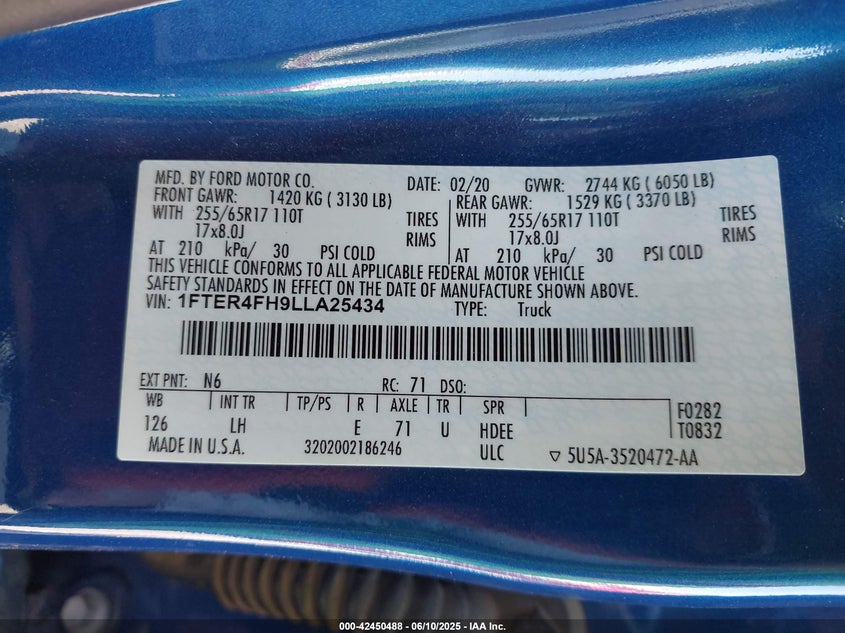 2020 FORD RANGER VIN: 1FTER4FH9LLA25434