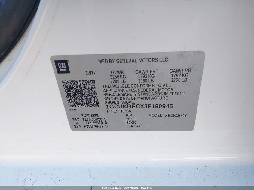 2018 CHEVROLET SILVERADO 1500 VIN: 1GCUKRECXJF180945