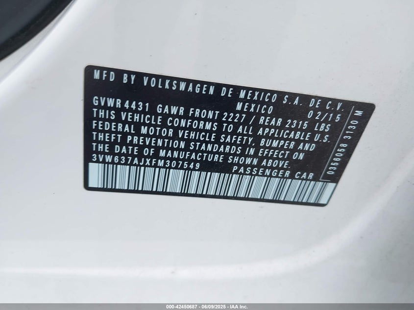 2015 VOLKSWAGEN JETTA HYBRID SEL PREMIUM 3VW637AJXFM307549