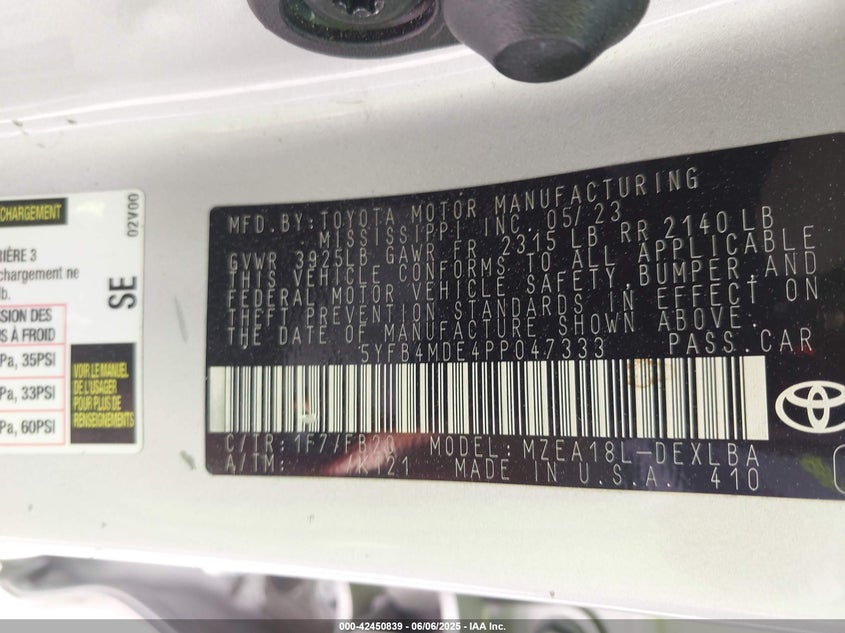 2023 Toyota Corolla Le VIN: 5YFB4MDE4PP047333 Lot: 42450839