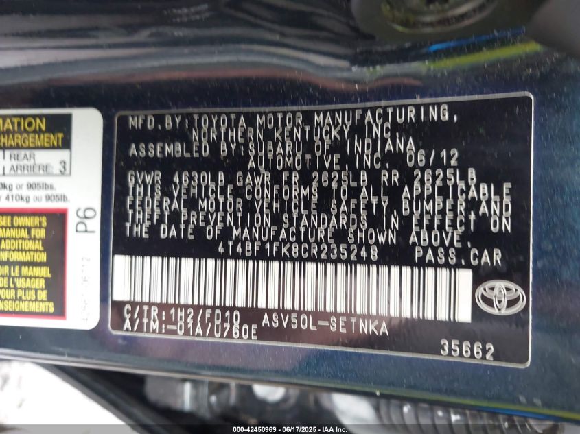 2012 Toyota Camry Le VIN: 4T4BF1FK8CR235248 Lot: 42450969