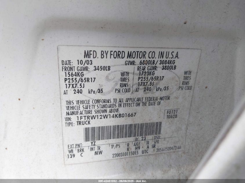 2004 Ford F-150 Xlt VIN: 1FTRW12W14KBO1667 Lot: 42451052